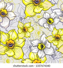 Vector botanical trendy color seamless pattern with realistic sketching jonquil, daffodil, narcissus. Template for textile, wallpaper, bedding, women dress fabrics, floral design.