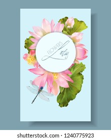 Vector botanical vertical banner with pink lotus flowers and dragonfly. Design for natural cosmetics, health care and ayurveda products, yoga center. Can be used as greeting card or wedding invitation