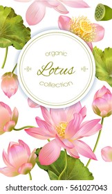 Vector botanical vertical banner with pink lotus flowers. Design for natural cosmetics, health care and products, yoga center. Can be used as greeting card or wedding invitation. With place for text