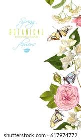 Vector botanical vertical banner with rose, linden, jasmine flowers and butterflies. Design for tea, natural cosmetics, perfume, health care products. Can be used as greeting card, wedding invitation