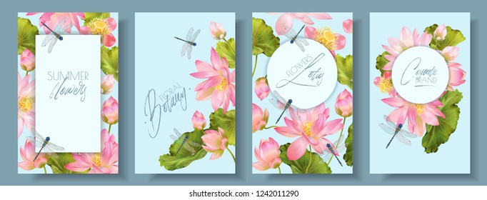 Vector botanical vertical banner set with pink lotus flowers and dragonfly. Design for natural cosmetics, health care, ayurveda products, yoga center. Can be used as greeting card, wedding invitation