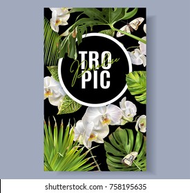 Vector botanical vertical banner with tropical leaves, orchid flowers and butterflies on black. Design for cosmetics, spa, beautycare products, travel company. Can be used as summer background