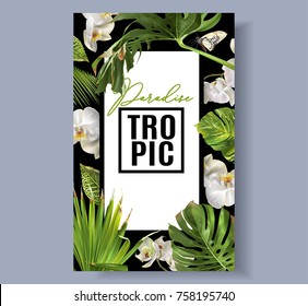 Vector botanical vertical banner with tropical leaves, orchid flowers and butterflies on black. Design for cosmetics, spa, health care products, travel company. Can be used as summer background