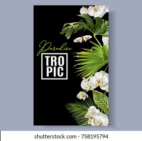 Vector botanical vertical banner with tropical leaves, orchid flowers and butterflies on black. Design for cosmetics, spa, health care products, travel company. Can be used as summer background