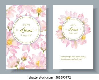 Vector botanical vertical banners with lotus flowers on white background. Design for natural cosmetics, health care & ayurveda products, yoga center. Can be used as greeting card or wedding invitation