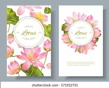 Vector botanical vertical banners with pink lotus flowers. Design for natural cosmetics, health care and ayurveda products, yoga center. Can be used as greeting card or wedding invitation