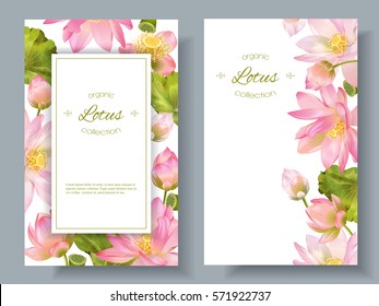 Vector botanical vertical banners with pink lotus flowers. Design for natural cosmetics, health care and ayurveda products, yoga center. Can be used as greeting card or wedding invitation