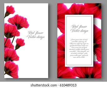 Vector botanical vertical banners with red flower. Design for natural cosmetics, health care products. Can be used as greeting card or wedding invitation. Set floral vintage card