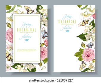 Vector botanical vertical banners with rose, linden, jasmine flowers and butterflies. Design for tea, natural cosmetics, perfume, health care products. Can be used as greeting card, wedding invitation