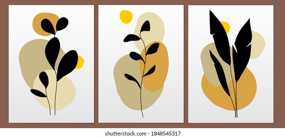 Vector botanical vertical banners set with black leaves and oval elements in yellow and orange tones. Design for cosmetics, spa, health care products, travel company. Poster and postcard templates
