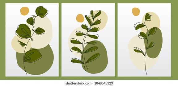 Vector botanical vertical banners set with green leaves and oval elements in green tones. Design for cosmetics, spa, health care products, travel company. Poster and postcard templates
