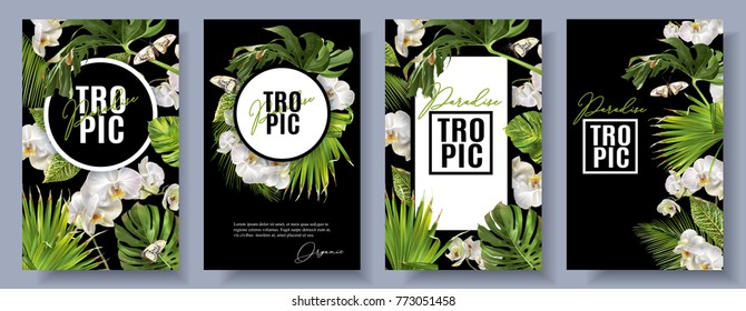 Vector botanical vertical banners set with tropical leaves, orchid flowers and butterflies on black. Design for cosmetics, spa, health care products, travel company. Can be used as summer background