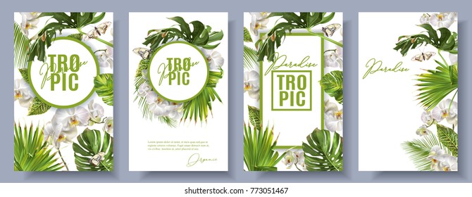Vector botanical vertical banners set with tropical leaves, orchid flowers and butterflies on white. Design for cosmetics, spa, health care products, travel company. Can be used as summer background