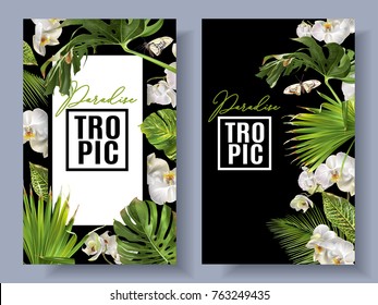 Vector botanical vertical banners with tropical leaves, orchid flowers and butterflies on black. Design for cosmetics, spa, health care products, travel company. Can be used as summer background