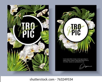 Vector botanical vertical banners with tropical leaves, orchid flowers and butterflies on black. Design for cosmetics, spa, beauty care products, travel company. Can be used as summer background