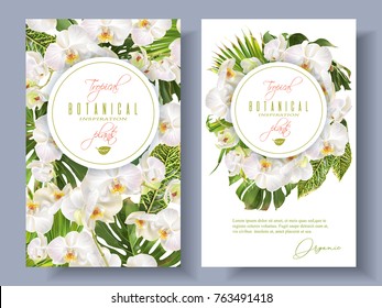 Vector botanical vertical banners with tropical leaves, orchid flowers on white. Design for cosmetics, spa, health care products, travel company. Can be used as summer background
