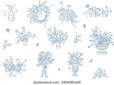 Vector botanical vintage floral clipart. Wedding invitation line art illustrations. Hand drawn blue flowers bouquets for cards, prints, wrappers, wallpapers.