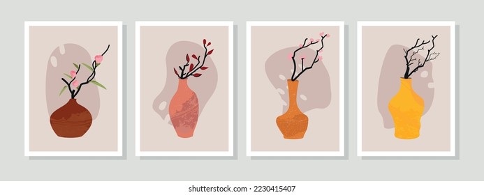 Vector botanical wall art set line drawing of leaves and flowers with abstract shapes. It is an abstract art design, cover, print, wallpaper, simple and natural wall art.