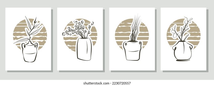 Vector botanical wall art set line drawing of leaves and flowers with abstract shapes. It is an abstract art design, cover, print, wallpaper, simple and natural wall art.