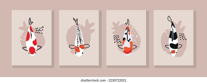 Pintura de pared botánica vectorial, dibujo de línea de carpa con formas abstractas. Se trata de un diseño artístico abstracto, de carátula, de papel pintado, de paredes simples y naturales.