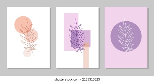 Vektorbotanische Wandkunst mit Blättern. Minimalistisch und natürlich. Blätter und Liniendesign.
