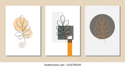 Vektorbotanische Wandkunst mit Blättern. Minimalistisch und natürlich. Blätter und Liniendesign.