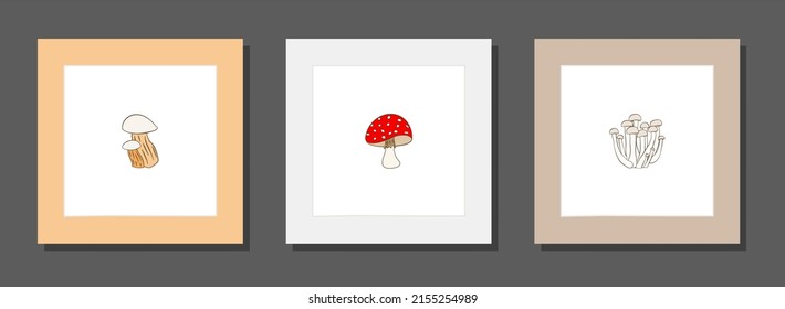 Vektorbotanische Wandkunst, mit Pilz. Minimalistisch und natürlich. Malerische Liniengestaltung.