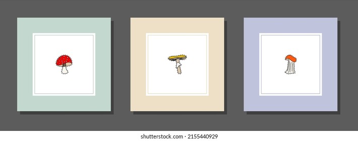 Vector botanical wall arts, with mushrooms. Minimalistic and natural. Mushrooms and line arts design.