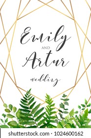 Vector botanical Wedding floral invitation, invite, save the date card elegant, modern design with natural forest green fern leaves, greenery herbs, plants border and golden, luxury geometrical print
