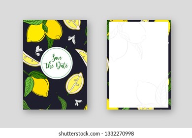 Vector botanical wedding invitation card template design, hand drawn lemon, leaves and flowers, minimalist vintage style. EPS 10