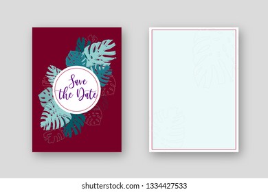 Vector botanical wedding invitation card template design with monstera leaves, minimalist vintage style. EPS 10