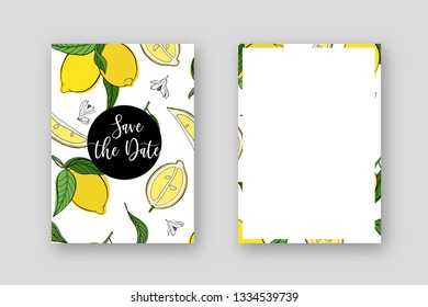 Vector botanical wedding invitation card template design, hand drawn lemon, leaves and flowers, minimalist vintage style. EPS 10