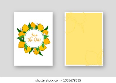 Vector botanical wedding invitation card template design, hand drawn lemon, leaves and flowers, minimalist vintage style. EPS 10