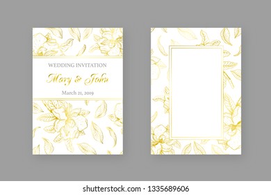 Vector botanical wedding invitation card template design with magnolia flowers and leaves, minimalist vintage style. Gold texture. EPS 10