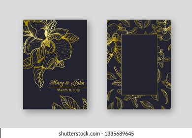Vector botanical wedding invitation card template design with magnolia flowers and leaves, minimalist vintage style. Gold texture. EPS 10