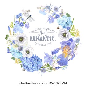 Vector botanical wreath with blue flowers on white background. Floral design for natural cosmetics, perfume, women products. Can be used as greeting card, wedding invitation, spring background