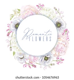 Vector botanical wreath with peony, hydrangea and anemone flowers. Floral design for natural cosmetics, perfume, women products, greeting or wedding card, spring or summer background