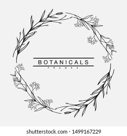 Vector botanicals frame logos template. Black hand drawn frame with delicate flowers, branches, plants. Decorative outlined Illustration. Floral design element.