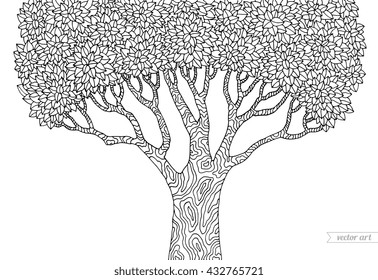 Vector botany detailed forest tree artwork. Coloring book page for adult. Bohemia concept for invitation card, ticket, branding, poster. Black and white forest tree
