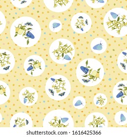 Vector botany flora butterfly tomato garden repeat pattern with tomato blossom, branch. Romantic. Beautiful summer design for garden lovers. Wildlife background. Print, fabric and stationary.