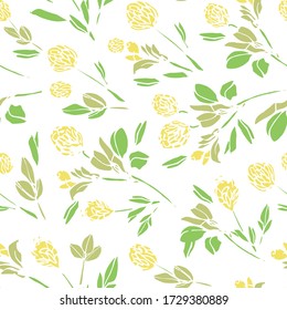 Vector Botany hand drawn clover blossom repeat pattern with simple shape florals on white background. Nature background. Surface pattern design.