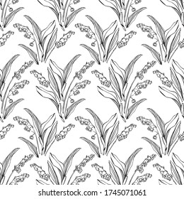 Vector botany lily of the valley repeat pattern, geometric elegant line art style with hand drawn outline on white background. Nature background. Surface pattern design.