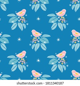 Vector botany winter berry pink bird pattern. Hand drawn folk art style design with bird, plant and snow flake in blue tones. All over print. Perfect for christmas season and winter holiday.