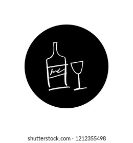 Vector botlle and wine glass alcohol line art, doodle minimalistic picture, poster, postcard. Premium lifestyle logo