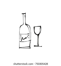 Vector botlle and wine glass, alcohol, line art, doodle, minimalistic picture, poster, postcard.