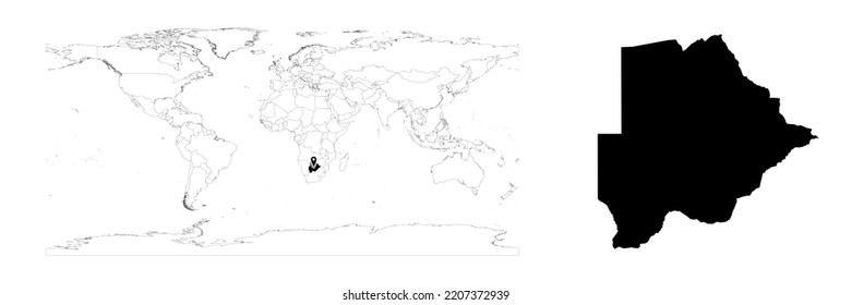 Mapa vectorial de Botsuana que muestra la ubicación del país en el mapa del mundo y un mapa sólido para Botswana sobre fondo blanco. El archivo es adecuado para la edición digital y las impresiones de todos los tamaños.