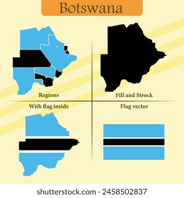 Vector Botswana map vector states and lines and full with vector flag and flag map