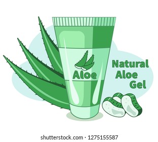 Vector bottle of aloe vera gel. Natural Aloe Gel cartoon bottle. Aloe vera leaves and sliced peaces. Isolated on white background
