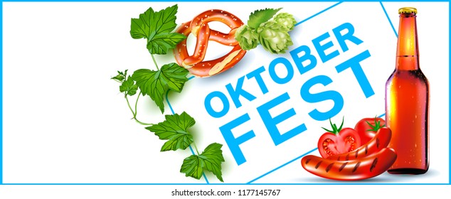 Vector Bottle of Beer. Bavarian pretzel.Oktoberfest beer festival. Label, sticker, logo, leaflet for sale of beer.