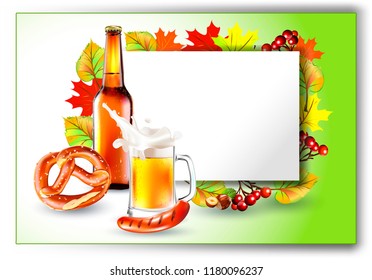 Vector Bottle of Beer.Vector Beer Glass, Barbeque Sausage, Bavarian pretzel.Oktoberfest beer festival.Label, sticker, logo, leaflet for sale of beer.